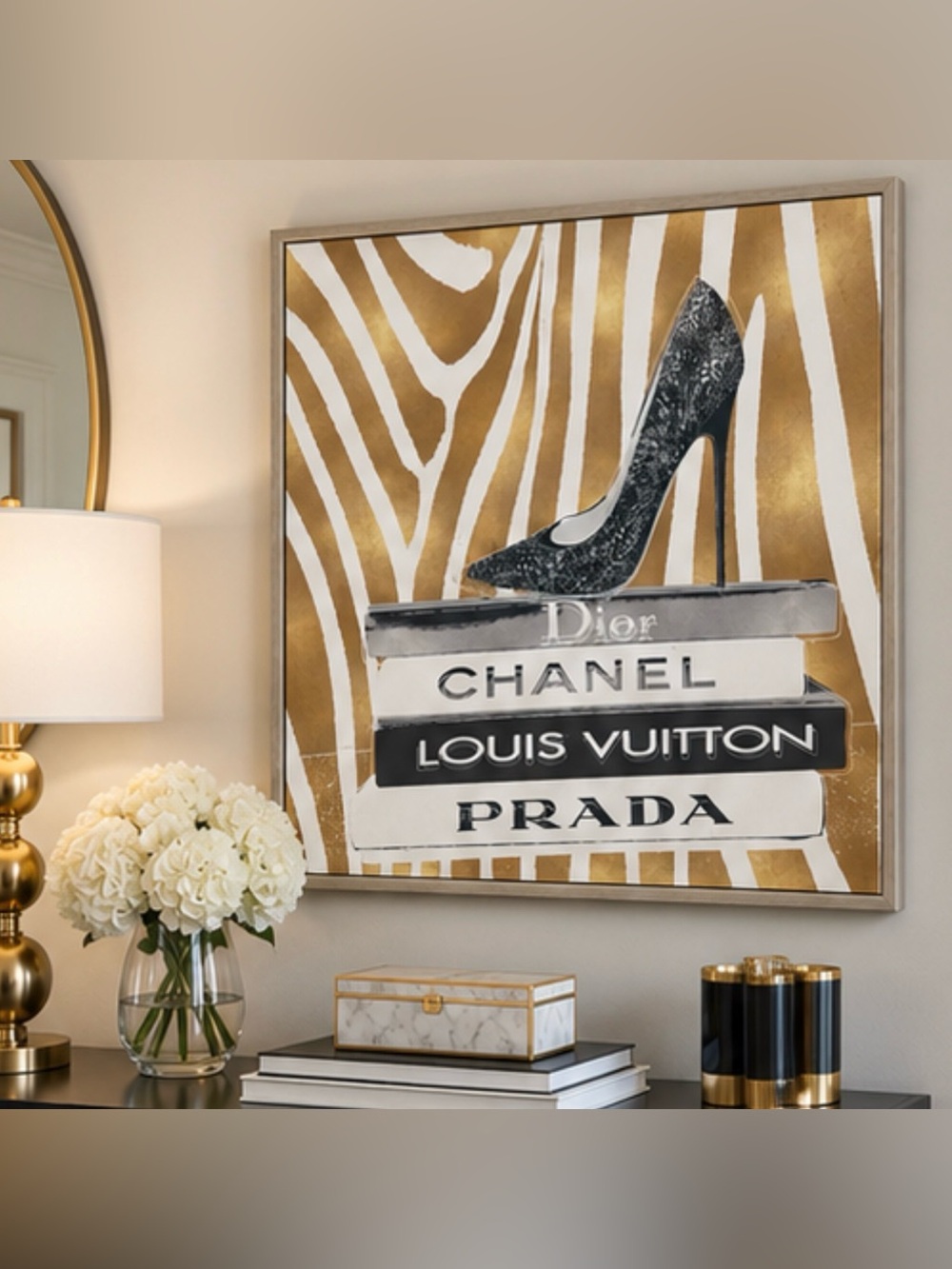 NEW 20x20 Framed Canvas Wall Art Gold Silver Zebra Stiletto Glam Shoe Home Decor